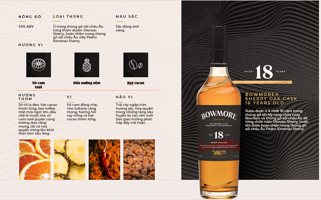Rượu Bowmore 18 Years Sherry Oak Cask Mẫu 2026
